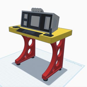 Peut inclure: Un bureau jaune avec des pieds rouges et un écran d'ordinateur, un clavier et un joystick. L'écran d'ordinateur a un écran gris et un cadre noir. Le bureau est sur un fond de grille blanche.