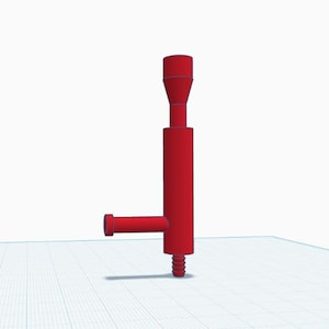 May include: A red, 3D-rendered object with a cylindrical body, a horizontal arm, and a threaded base. The top section has a conical shape. The object is set against a white background.