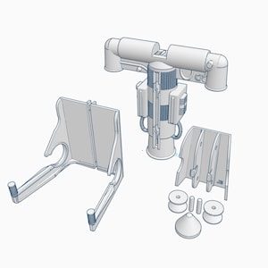 Puede incluir: Un modelo de brazo robótico impreso en 3D, desmontado en sus componentes. El brazo está hecho de plástico blanco y tiene una variedad de engranajes, motores y otras piezas mecánicas. El modelo está diseñado para ser ensamblado y utilizado como herramienta de enseñanza o para aficionados.