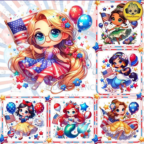 Princess Cartoon Fourth Of July Png Bundle, Cartoon Independence Day Png, 4th Of July Png, 4th of July sublimation Instant Download