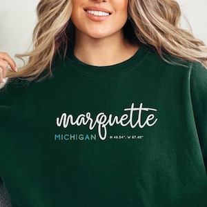 Marquette Script Sweatshirt With Latitude and Longitude, Marquette Gift, Marquette Michigan Sweatshirt, Marquette Crewneck
