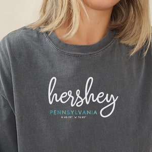 Script Hershey Tee Shirt With Latitude and Longitude, Hershey T Shirt, Hershey Gift, Hershey Lover, Hershey Souvenir