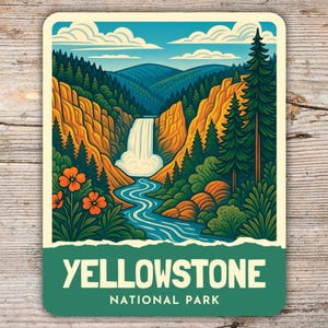 Yellowstone National Park Sticker – Retro Art Deco Doodle Art – Wyoming Vinyl Decal for Laptops, Water Bottles, Coolers & Notebooks