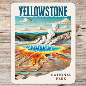 Yellowstone National Park Art Deco Paper Collage Sticker, Laptop Sticker, Cooler Sticker, Grand Prismatic Spring, Trendy Wyoming Sticker