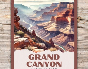 Op de afbeelding: Een vintage-stijl illustratie van het Grand Canyon National Park. De afbeelding toont een panoramisch uitzicht op de canyon met een rivier die er doorheen slingert. De tekst "GRAND CANYON NATIONAL PARK" is onder de afbeelding gedrukt.