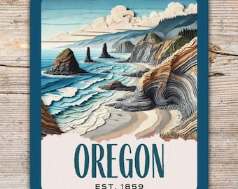 May include: A blue and white sticker with a paper-cut style illustration of a rocky coastline with a beach and ocean waves. The text "OREGON EST. 1859" is printed on the sticker.
