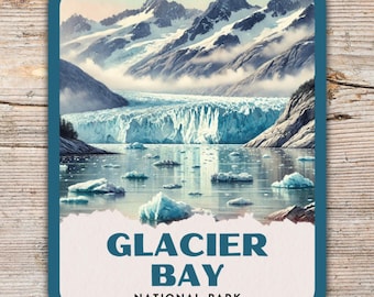 Glacier Bay nationalpark retro akvarell klistermärke, laptopklistermärke, kylklistermärke, vattenflaskklistermärke, Alaska-klistermärke, Glacier Bay-present