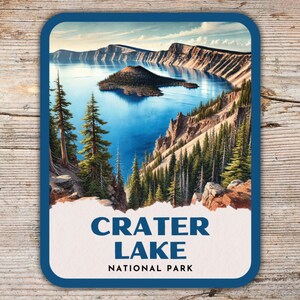 Crater Lake nationalpark retro akvarell klistermärke, laptopklistermärke, kylklistermärke, vattenflaskklistermärke, Oregon-klistermärke, Crater Lake-present bild 1
