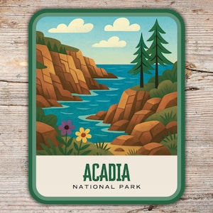 Acadia National Park Retro Illustration National Park Sticker, Laptop Decal, Cooler Sticker, Water Bottle Sticker, Maine Sticker