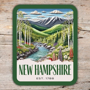 Art déco collage New Hampshire, Sticker Montagnes Blanches, Sticker pour ordinateur portable, Sticker bouteille d&#39;eau en vinyle, Cadeau New Hampshire, Sticker État