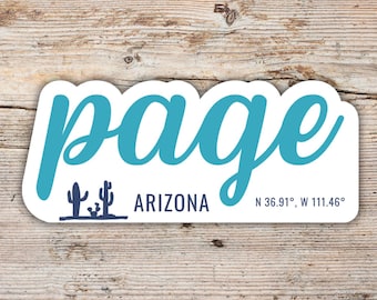 Page Sticker, Modern Script Font with Latitude Longitude, Vinyl Decal Laptops, Water Bottles, Coolers, Arizona Sticker Gift