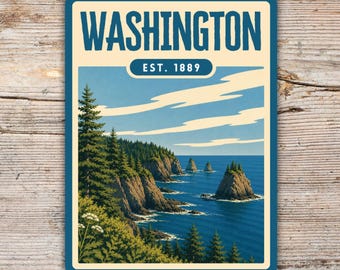 Washington Sticker – Cape Flattery Olympic Vinyl Decal, Pacific Ocean Coastal Scene, Vintage Screen Print Style