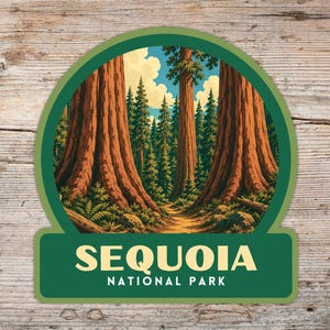 May include: A die-cut sticker featuring a forest scene with large redwood trees, a dirt path, and a blue sky with clouds. The design is enclosed in a green border with the text "SEQUOIA NATIONAL PARK" printed in cream-colored capital letters.