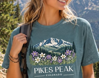 Pikes Peak Colorado Shirt, Wildflower Mountain Comfort Colors Tee, Vintage Outdoor Travel T-Shirt