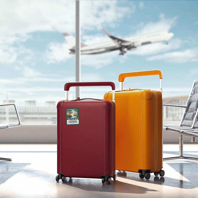May include: Two suitcases, one red and one yellow, are sitting in an airport terminal. The red suitcase has a sticker that says "Louisiana" on it.