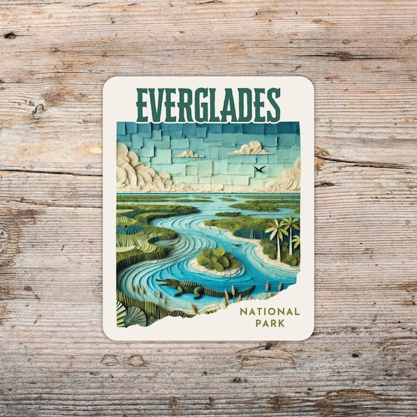 Adesivo in stile Art Déco con collage di carta del Parco Nazionale delle Everglades, ideale per laptop, frigo portatili, stile Florida, regalo perfetto per gli amanti delle Everglades.