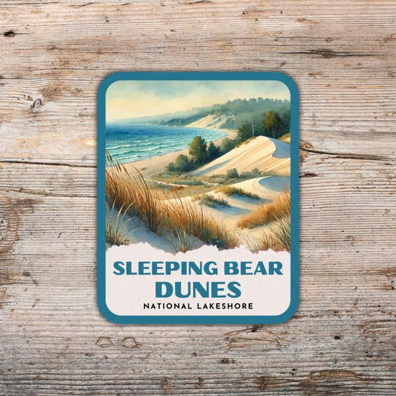 Sleeping Bear Dunes Retro Watercolor Sticker, Laptop Sticker, Cooler Sticker, Water Bottle Sticker, Michigan Sticker, Sleeping Bear Gift
