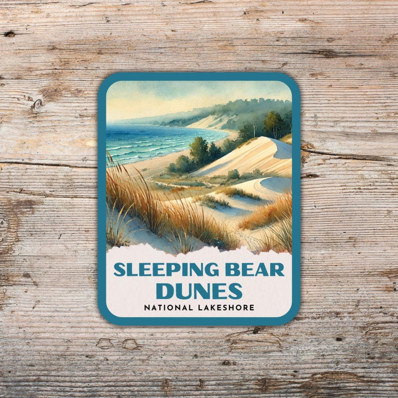 Sleeping Bear Dunes Retro Watercolor Sticker, Laptop Sticker, Cooler Sticker, Water Bottle Sticker, Michigan Sticker, Sleeping Bear Gift image 1