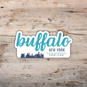 Buffalo New York Sticker, Modern Script Font with Skyline Silhouette, Waterproof Vinyl Decal Laptops, Water Bottles, Coolers, New York Gift