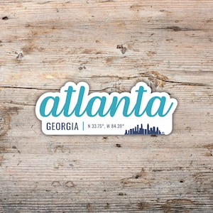 Atlanta Sticker, Modern Script Font with Latitude Longitude, Vinyl Decal Laptops, Water Bottles, Coolers, Georgia Sticker