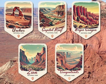 Set de pegatinas retro de los Parques Nacionales de Utah: Arches, Capitol Reef, Bryce Canyon, Zion, Canyonlands - Para portátiles, botellas de agua y neveras portátiles.
