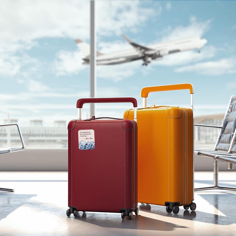 K&ouml;nnte beinhalten: Zwei Koffer, einer rot und einer gelb, stehen in einem Flughafen-Terminal. Der rote Koffer hat einen Aufkleber mit einem Zitat &uuml;ber Berge. Die Koffer sind bereit f&uuml;r die Reise.