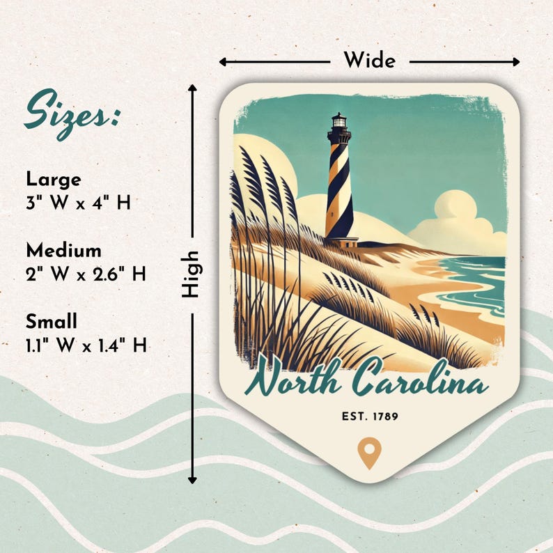 The image is a sticker or label for North Carolina, featuring a lighthouse and a beach scene. The sticker is labeled with the sizes of the different sections, including a large section, a medium section, a high section, and a small section. The sticker also includes the name of the state, the year of establishment, and the location of the lighthouse.