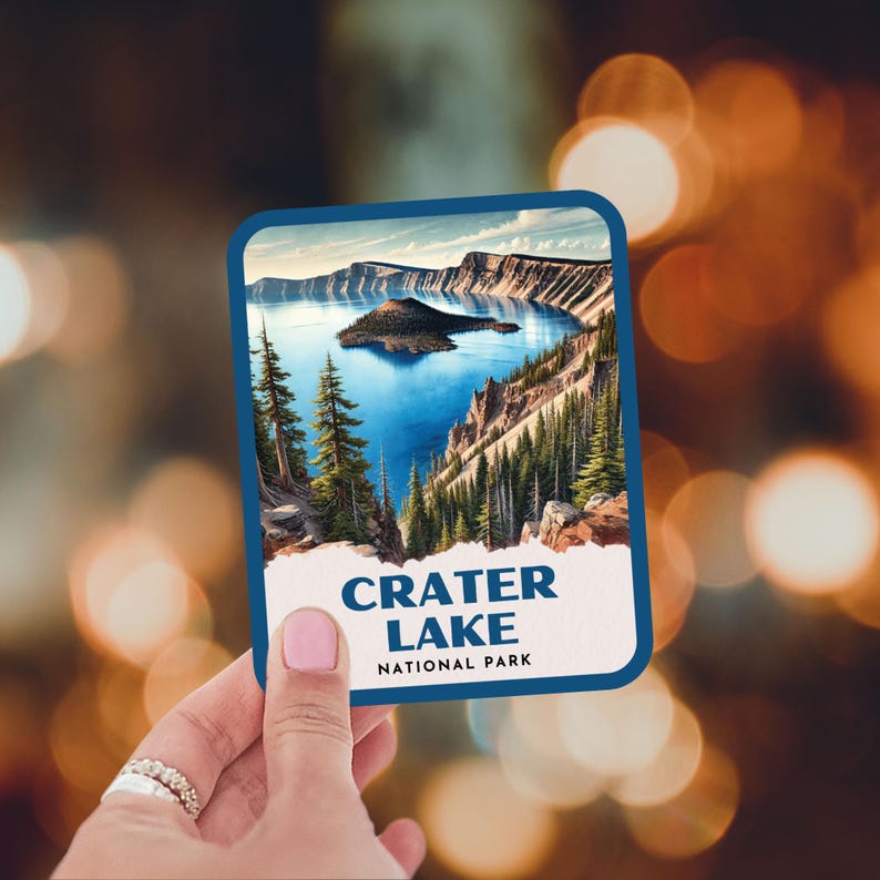 Crater Lake nationalpark retro akvarell klistermärke, laptopklistermärke, kylklistermärke, vattenflaskklistermärke, Oregon-klistermärke, Crater Lake-present bild 8