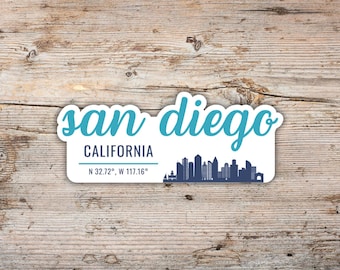 San Diego Sticker, Modern Script Font Skyline Silhouette, Waterproof Vinyl Decal Laptops, Water Bottles, Coolers, California Sticker