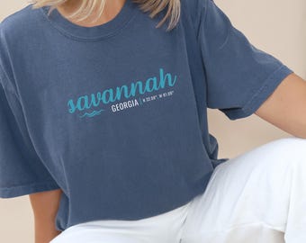 Savannah Georgia Comfort Colors Tee: Latitude Longitude Script Shirt