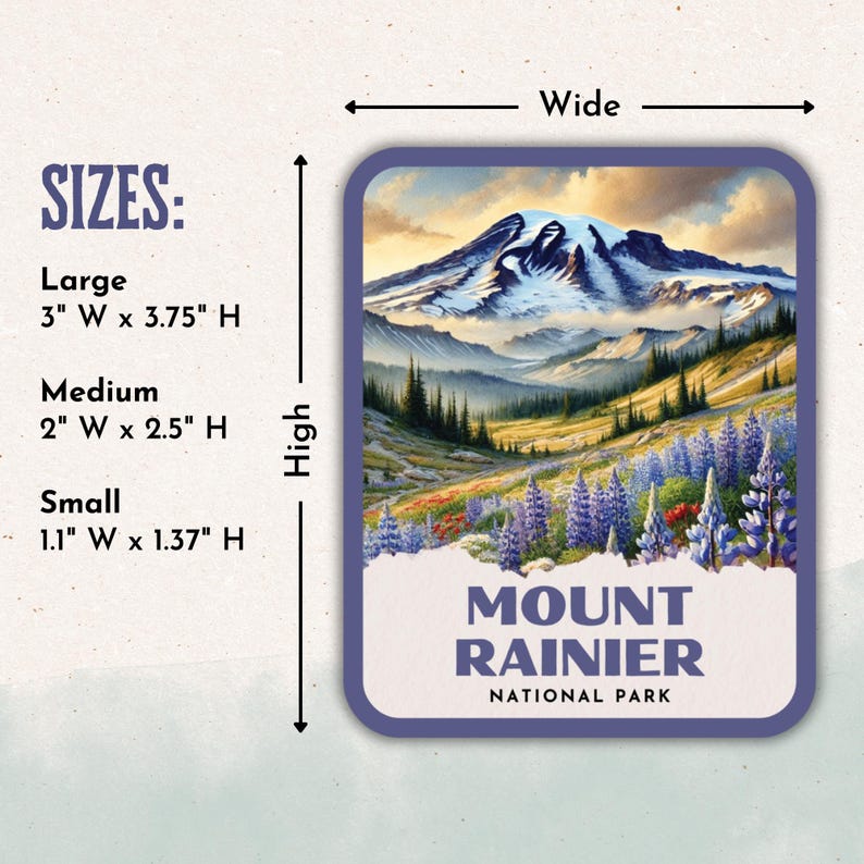 The image is a sticker or label for Mount Rainier National Park, depicting a scenic mountain landscape with a snowy peak, pine trees, and wildflowers.