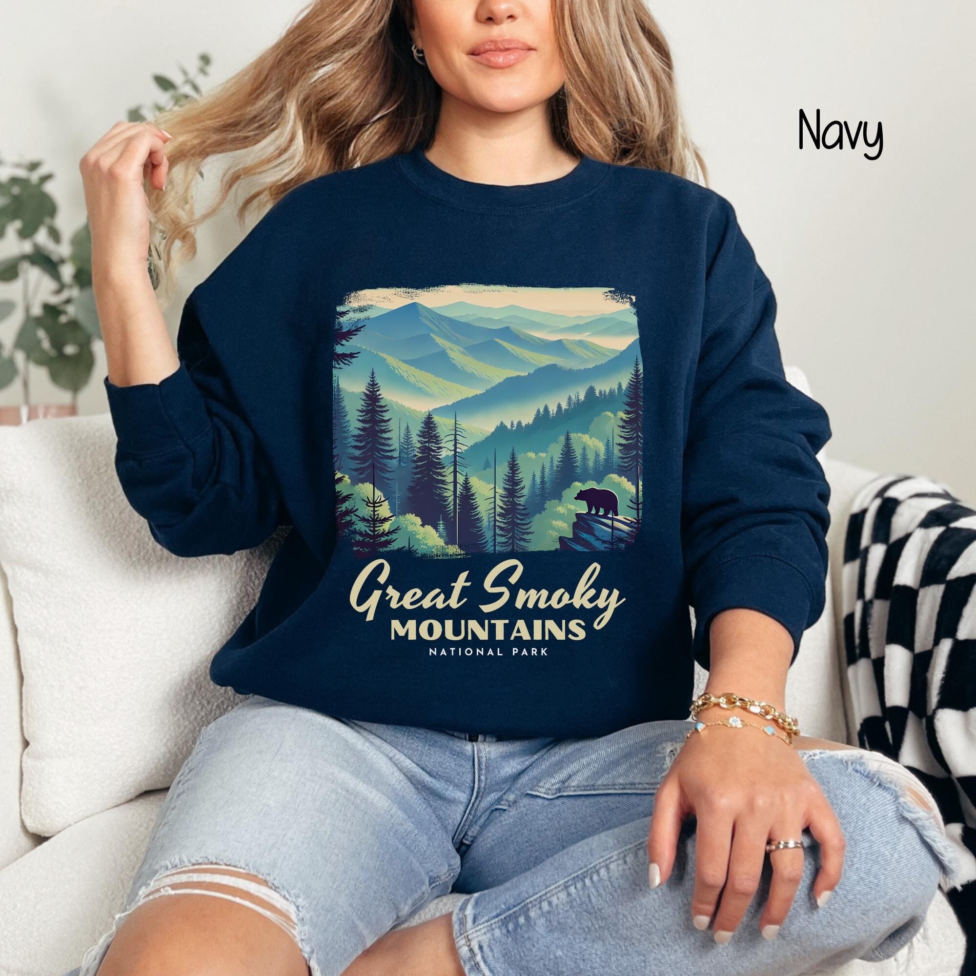 Smoky Mountains Sweatshirt, Retro Script, Tennessee Crewneck