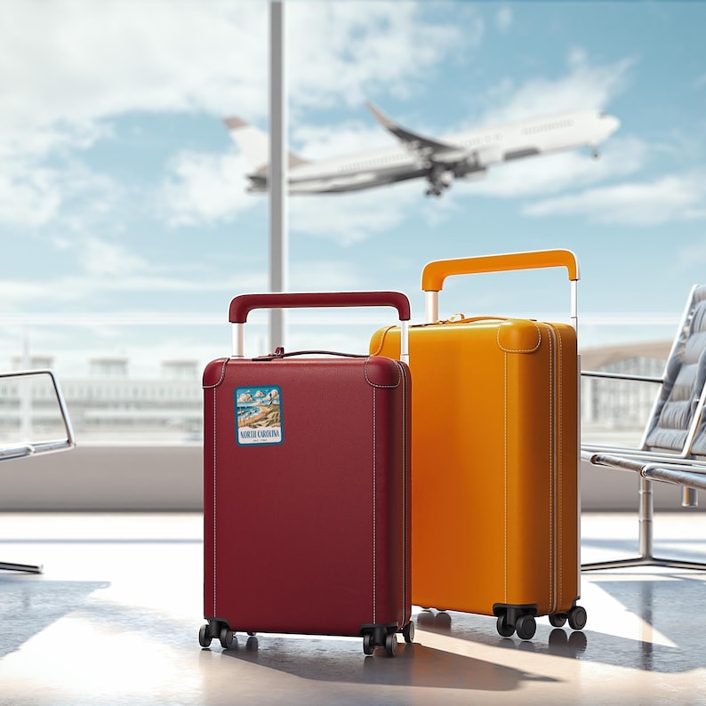 May include: Two suitcases, one red and one yellow, are sitting in an airport terminal. The red suitcase has a sticker that says "North Carolina" on it.