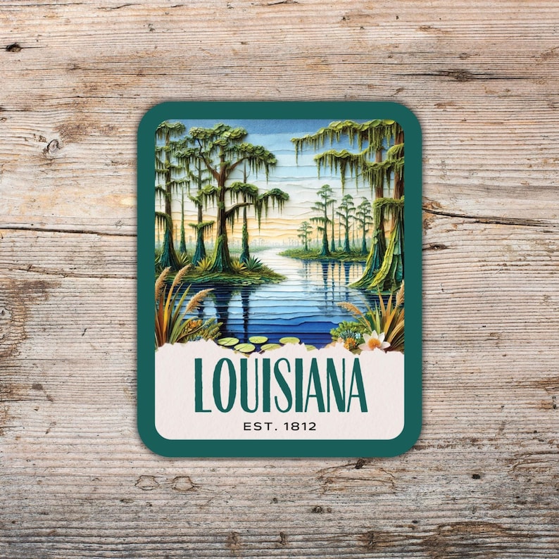 May include: A vintage-style illustration of a swamp scene with tall trees and a river. The text "LOUISIANA EST. 1812" is at the bottom of the image.