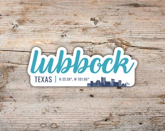 Lubbock Texas Sticker, Modern Script Font with Latitude Longitude, Vinyl Decal Laptops, Water Bottles, Coolers, Texas Sticker