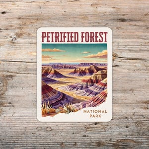 Pegatina del Parque Nacional del Bosque Petrificado, collage de papel art déco