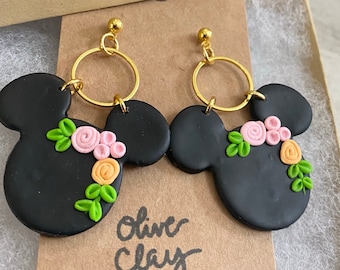 Pendientes de ratón de flores / Pendientes de arcilla polimérica / Pendientes colgantes / Pendientes /Pendientes de Disney /Pendientes florales