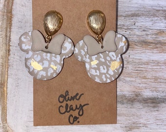 Pendientes de ratón guepardo / Pendientes de arcilla polimérica / Pendientes de guepardo / Pendientes Minnie / Pendientes Mickey / Pendientes Disney / Hoja de oro