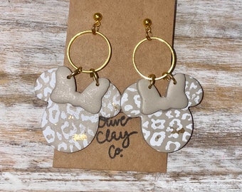 Pendientes de ratón guepardo / Pendientes de arcilla polimérica / Pendientes de guepardo / Pendientes Minnie / Pendientes Mickey / Pendientes Disney / Hoja de oro