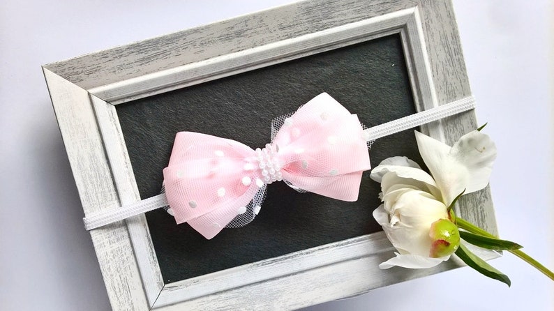 Tulle pink white hair bow in polka dots