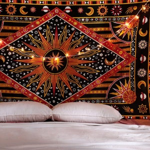 Sun Moon Tapestry Mandala Picnic Bed Sheet Wall Hanging Beach Towel Handmade Celestial Tapestry Wall Decor Twin/Queen Size Tapestry Wall Art