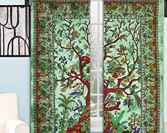 Indian Cotton Life Of A Tree Printed Curtains Set mandala curtains,door valances,balcony curtains,door curtains