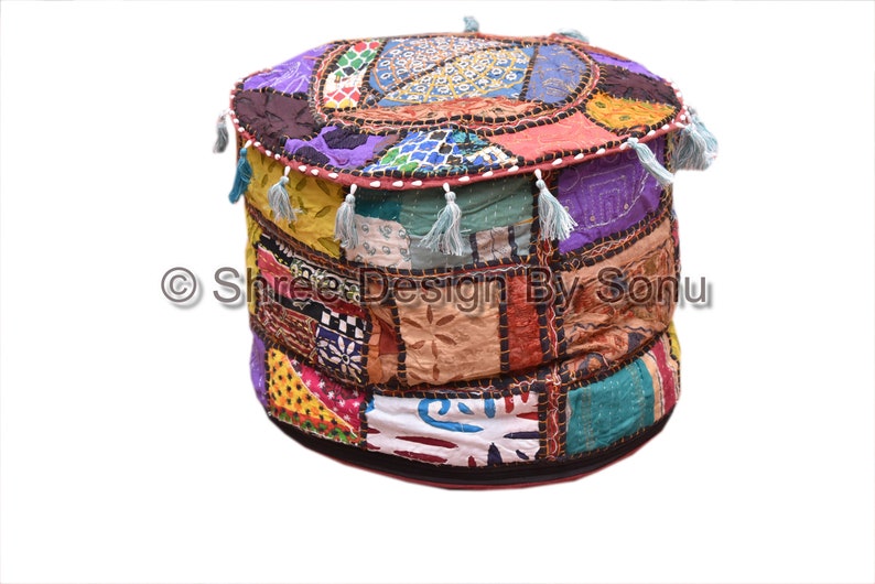 Vintage Ethnic Indian Handmade Khambadia Ottoman Pouf Seating Foot Stool Cover Patchwork Seating Day Bed