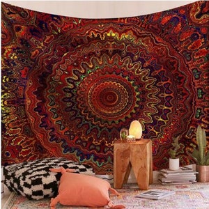 Red Mandala Tapestry Wall Hanging Indian Polyester Tapestries Bedspread Picnic Beach Throw Blanket Wall Art Hippie Tapestry Bed Cover.