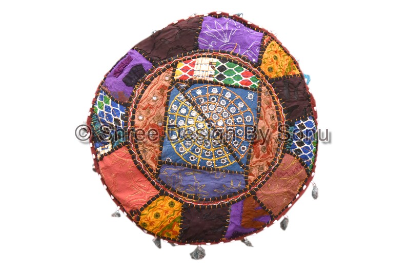 Vintage Ethnic Indian Handmade Khambadia Ottoman Pouf Seating Foot Stool Cover Patchwork Seating Day Bed