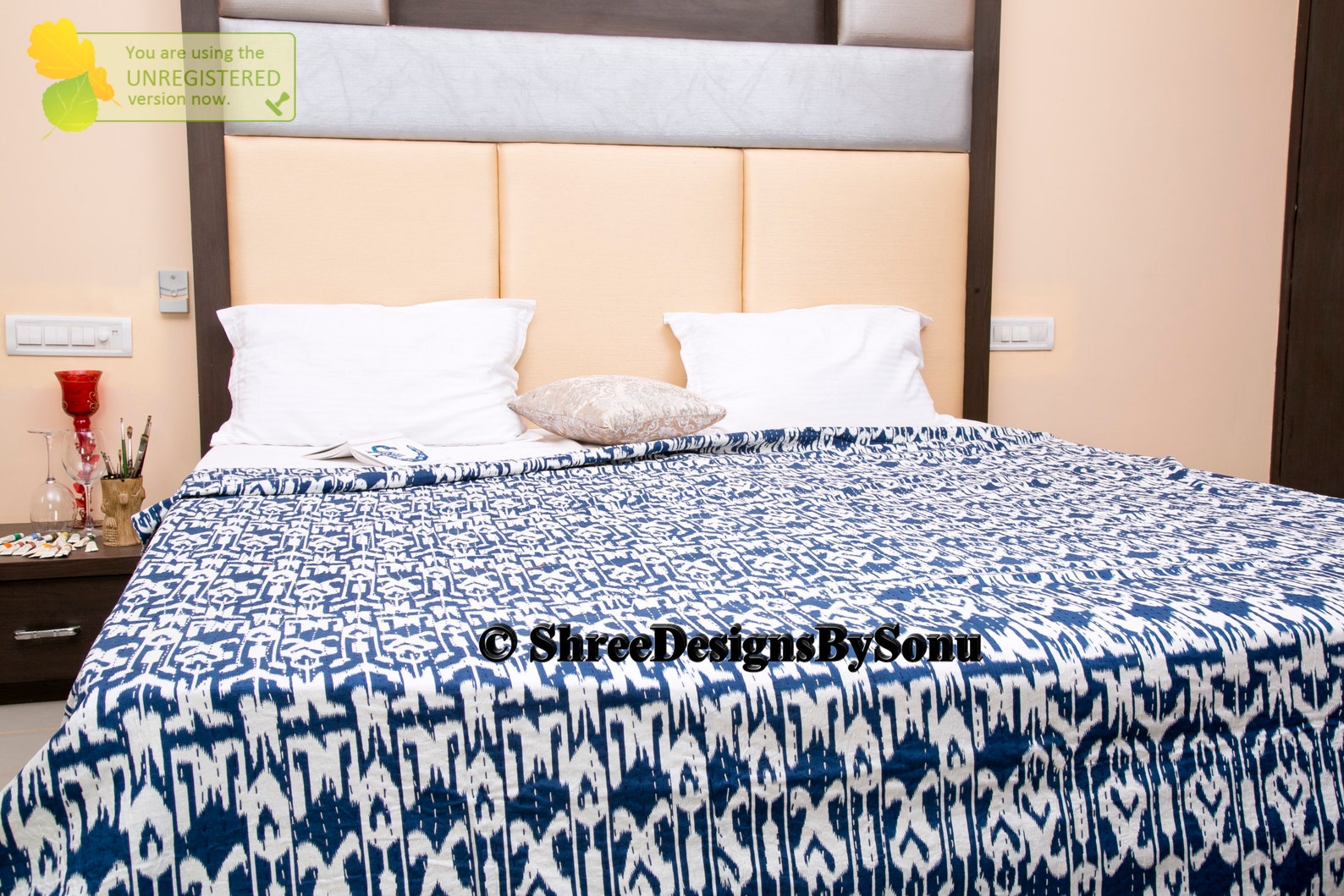 Dark Blue Kantha Ikat Throw Quilt Bedcovers Quilts Bedding Etsy