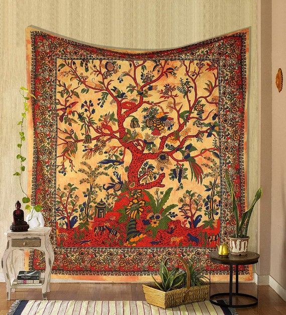 Tie Dye Yellow Tree of Life Tapestry Wall Hanging Hippie Tapestry