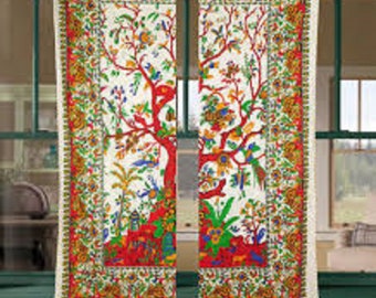 Tie Dye Green Tree Of Life Tapestry Window Curtains Bohemian Hippie Wall Decor Curtain Indian Natural Cotton Curtain Door Hangging Curtains