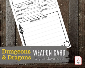 DND WEAPON CARD / Dungeons and Dragons / Pathfinder / Dnd 5e / Digital Download