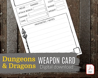 TARJETA DE ARMA DND / Mazmorras y Dragones / Pathfinder / Dnd 5e / Descarga Digital